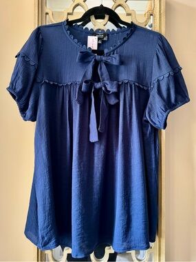 NWT Perch Blue Boho Tie Front Blouse | Scalloped Trim | Size 1X